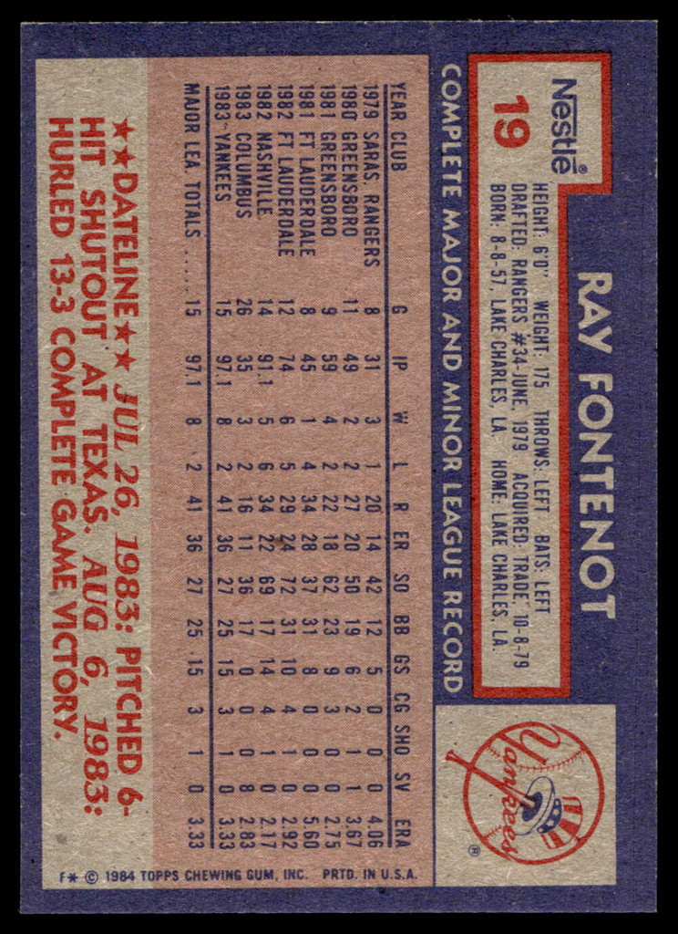 1984 Topps Nestle #19 Ray Fontenot Near Mint+ 