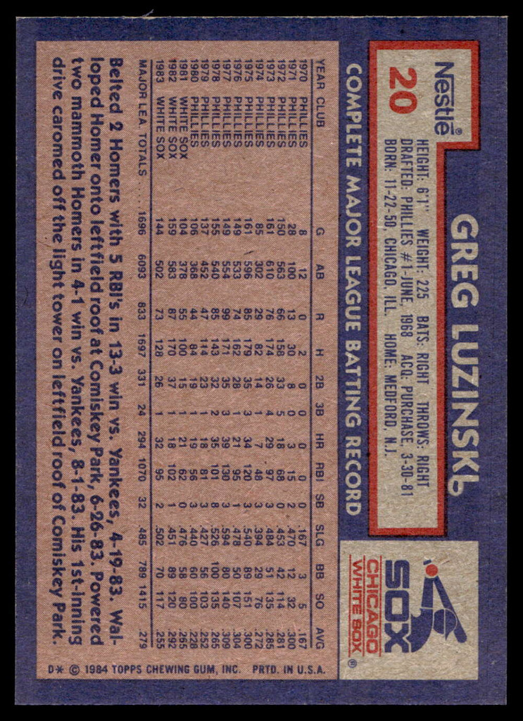 1984 Topps Nestle #20 Greg Luzinski Near Mint+ 