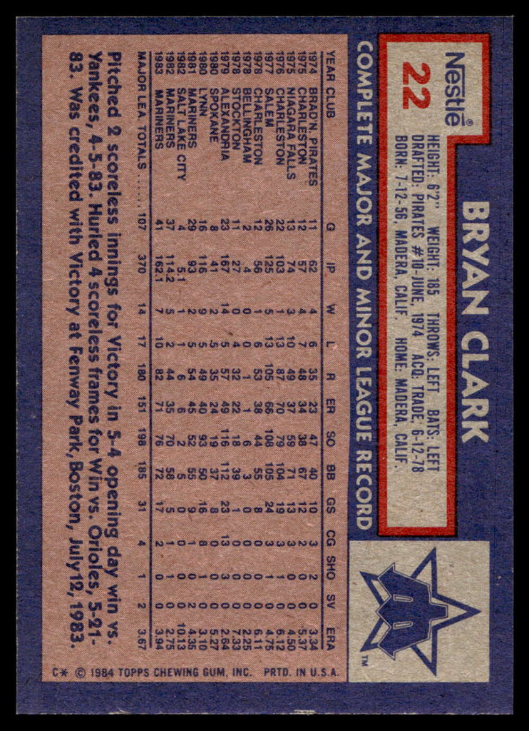 1984 Topps Nestle #22 Bryan Clark Near Mint+ 
