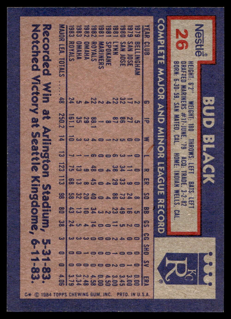1984 Topps Nestle #26 Bud Black Near Mint+ 