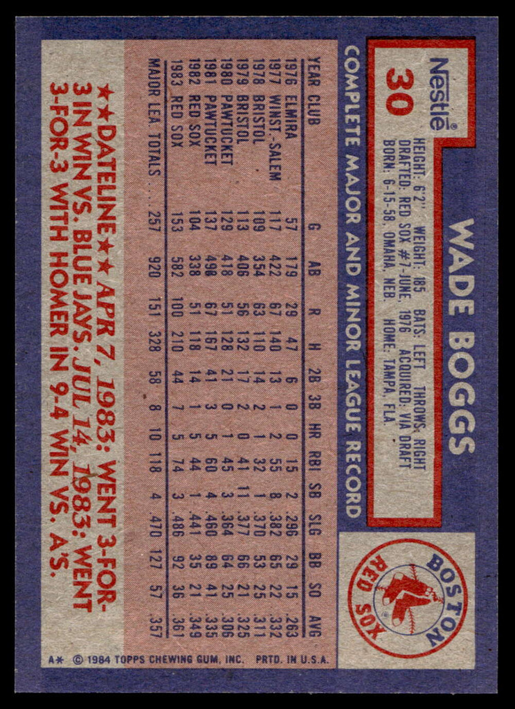1984 Topps Nestle #30 Wade Boggs Near Mint+ 