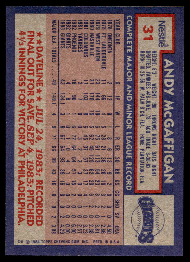 1984 Topps Nestle #31 Andy McGaffigan Near Mint+ 