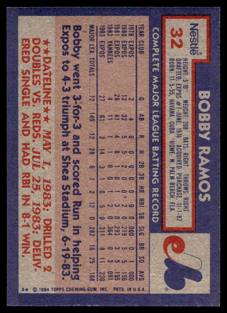 1984 Topps Nestle #32 Bobby Ramos Near Mint+ 