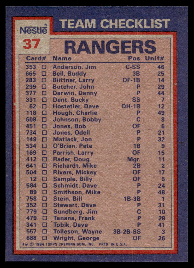 1984 Topps Nestle #37 Buddy Bell/Rick Honeycutt Near Mint+ 