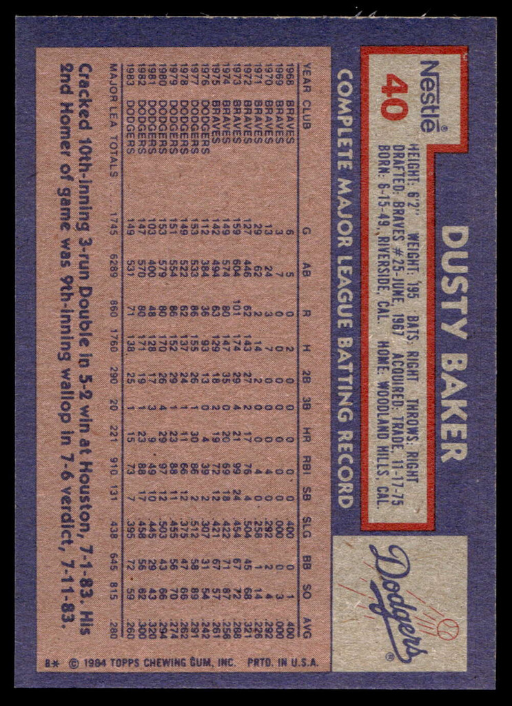 1984 Topps Nestle #40 Dusty Baker Near Mint+ 