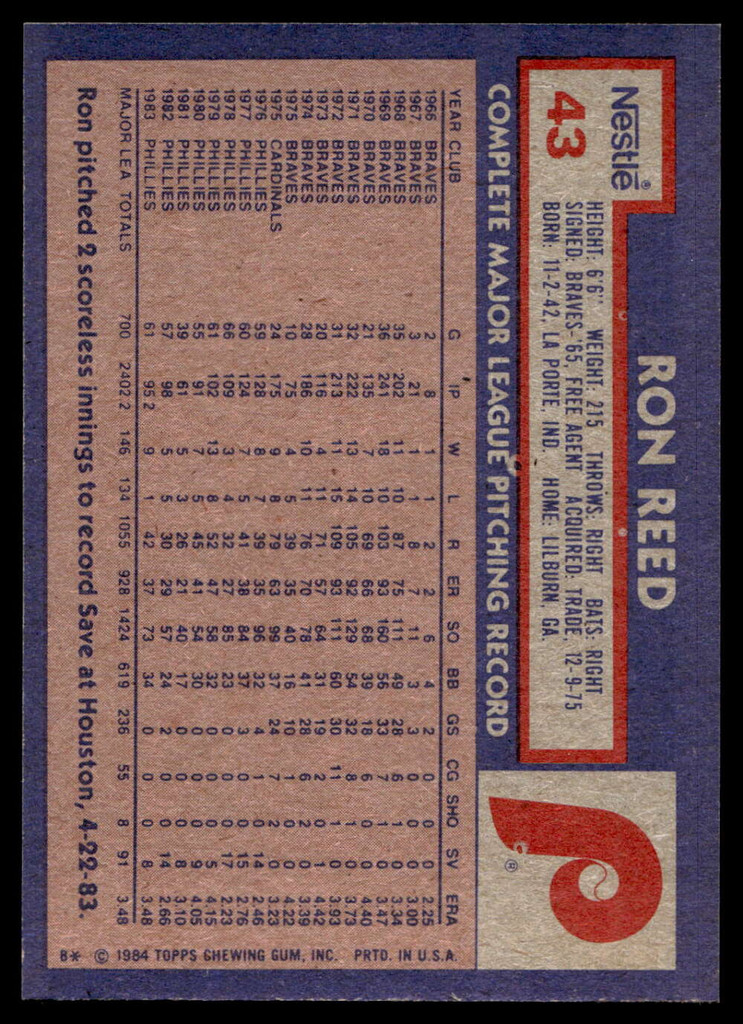 1984 Topps Nestle #43 Ron Reed Near Mint+ 