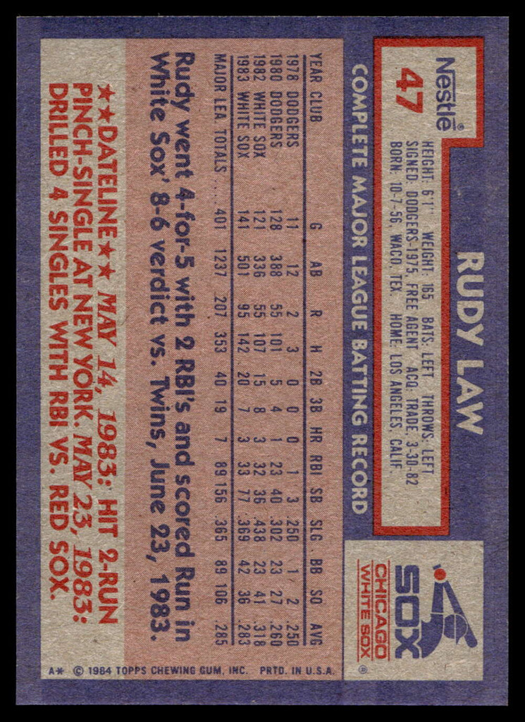 1984 Topps Nestle #47 Rudy Law Near Mint+ 