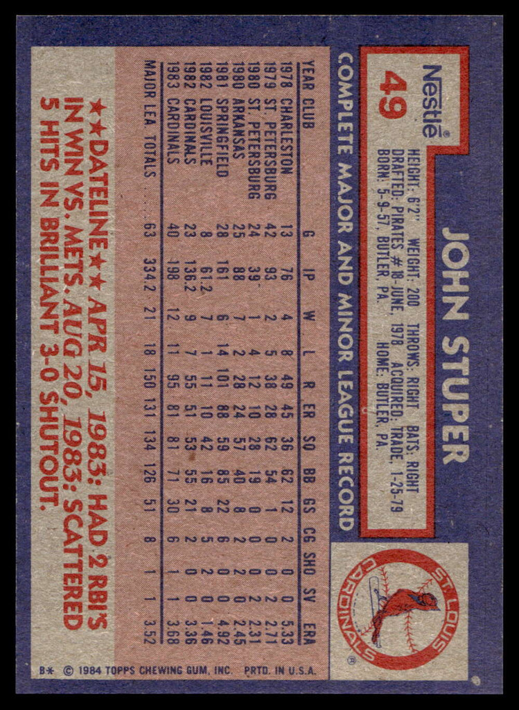 1984 Topps Nestle #49 John Stuper Near Mint+ 