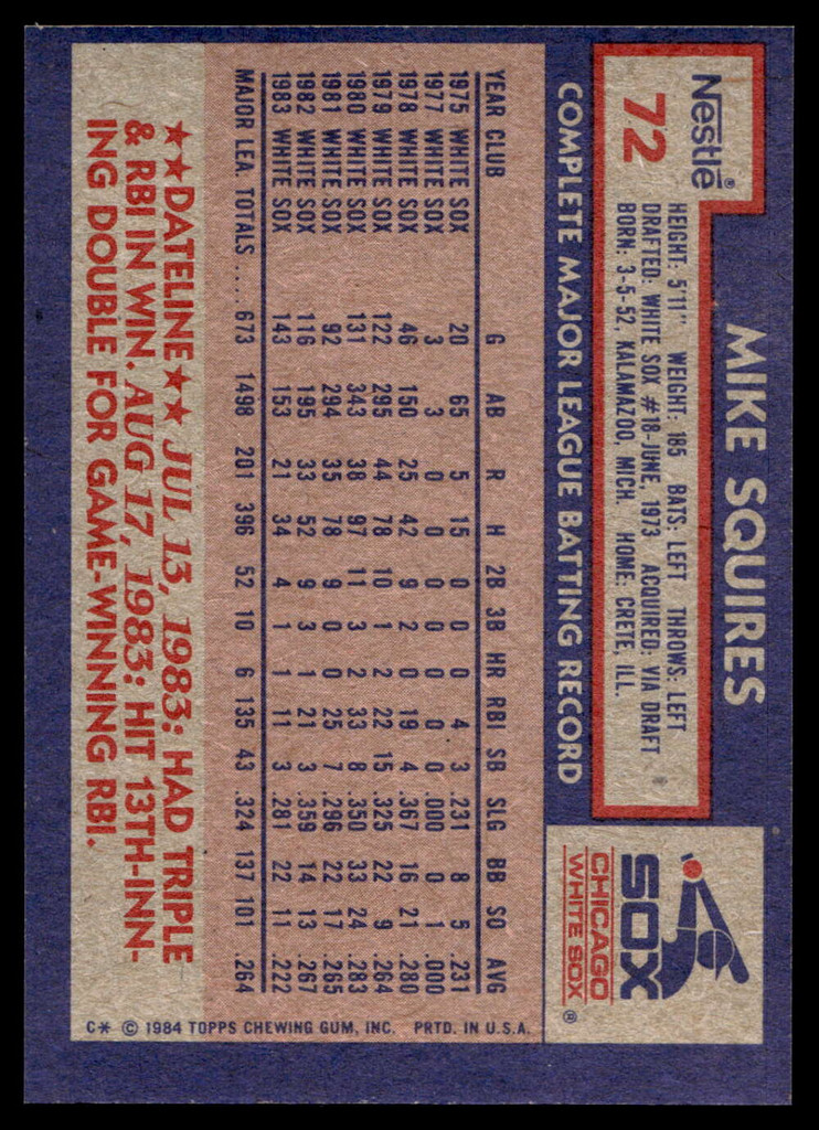 1984 Topps Nestle #72 Mike Squires Near Mint+ 