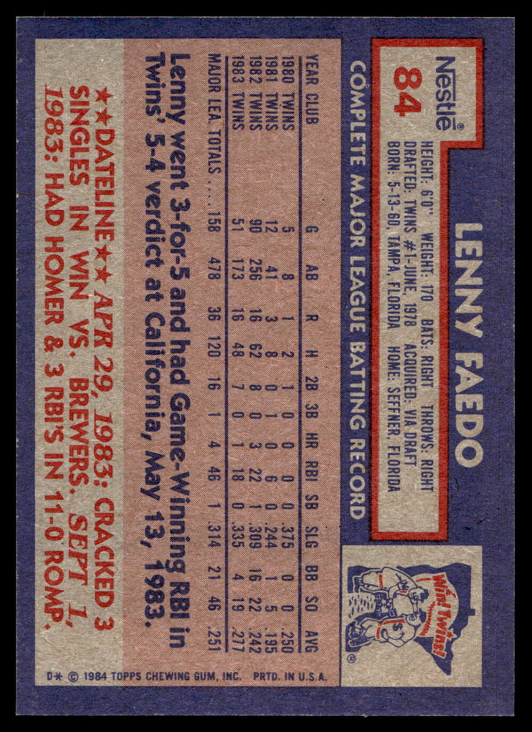 1984 Topps Nestle #84 Lenny Faedo Near Mint+ 