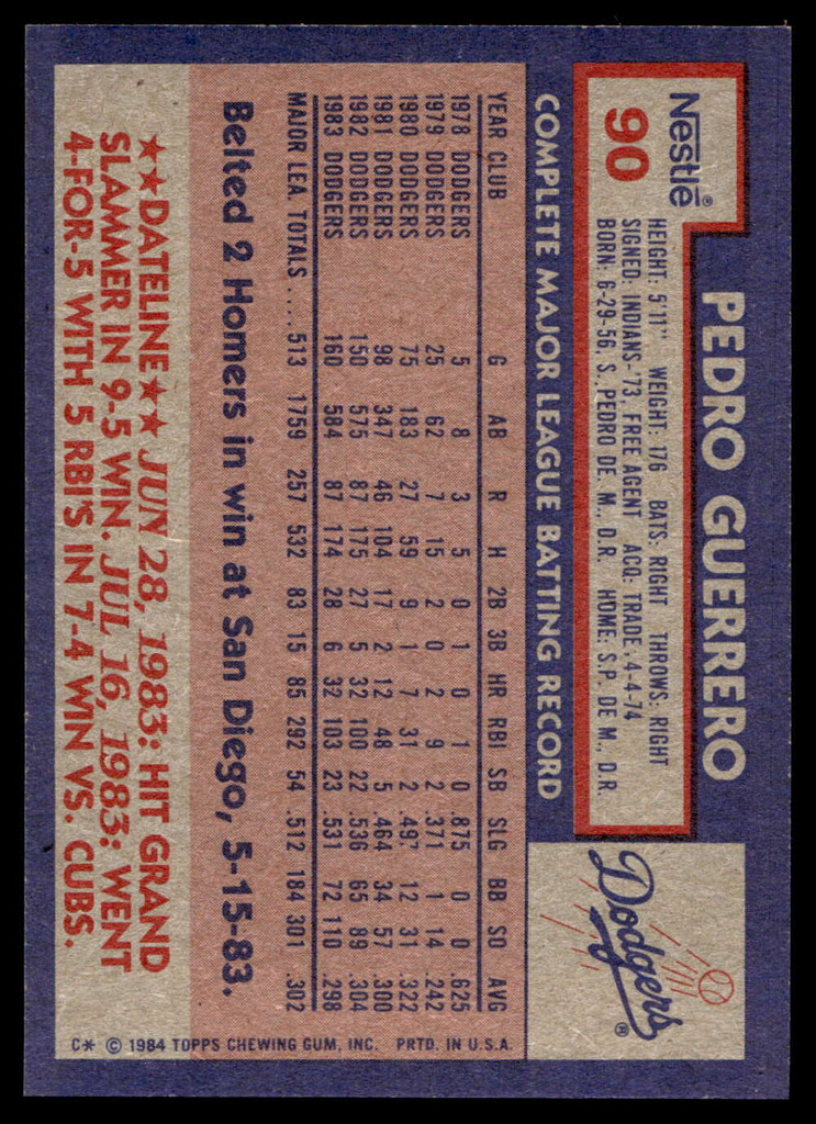 1984 Topps Nestle #90 Pedro Guerrero Near Mint+ 