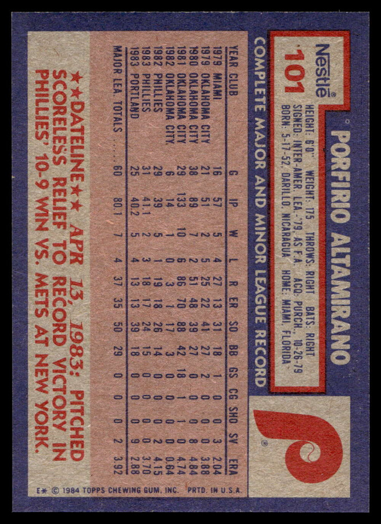 1984 Topps Nestle #101 Porfirio Altamirano Near Mint+ 