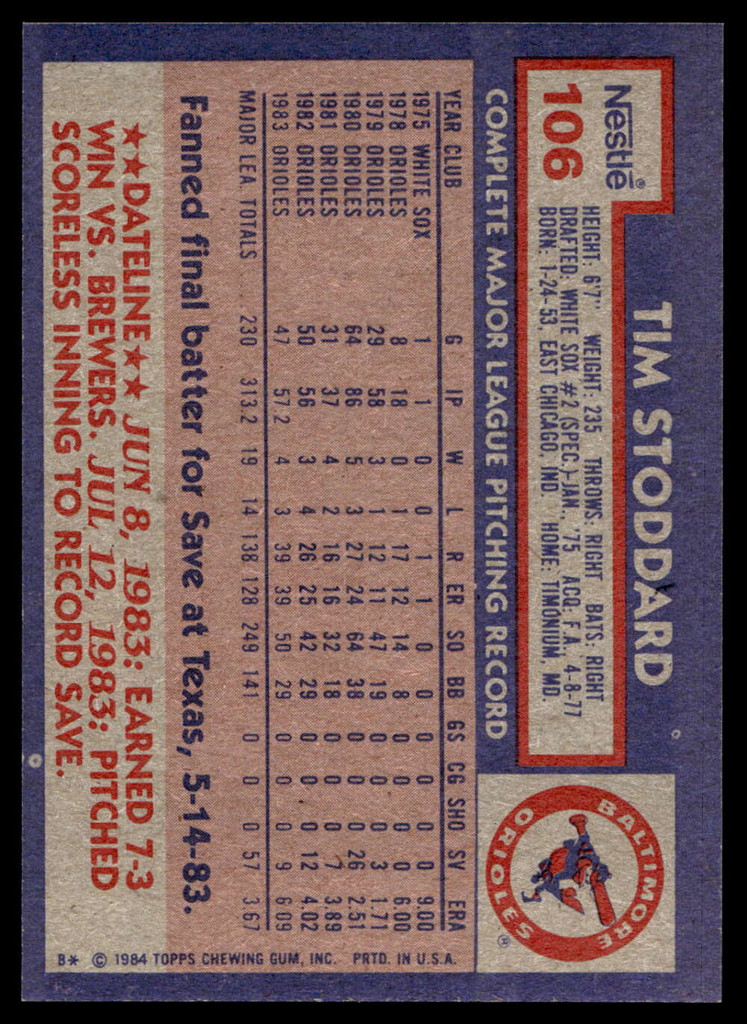 1984 Topps Nestle #106 Tim Stoddard Near Mint+ 