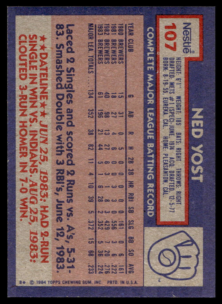 1984 Topps Nestle #107 Ned Yost Near Mint+ 