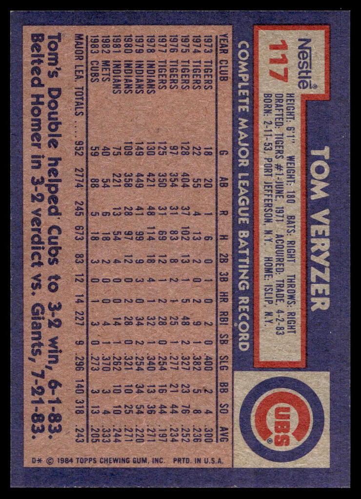 1984 Topps Nestle #117 Tom Veryzer Near Mint+ 