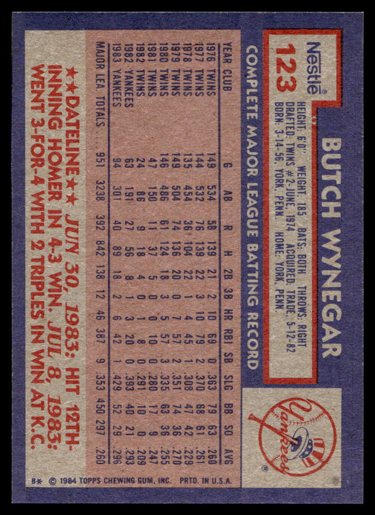 1984 Topps Nestle #123 Butch Wynegar Near Mint+ 