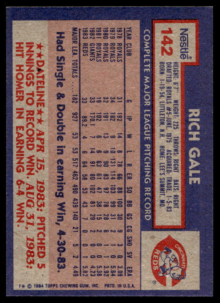 1984 Topps Nestle #142 Rich Gale Near Mint+ 