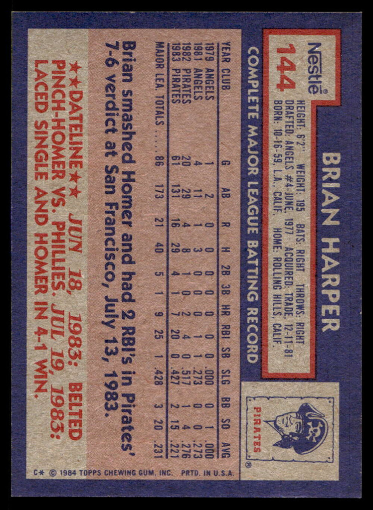 1984 Topps Nestle #144 Brian Harper Near Mint+ RC Rookie 