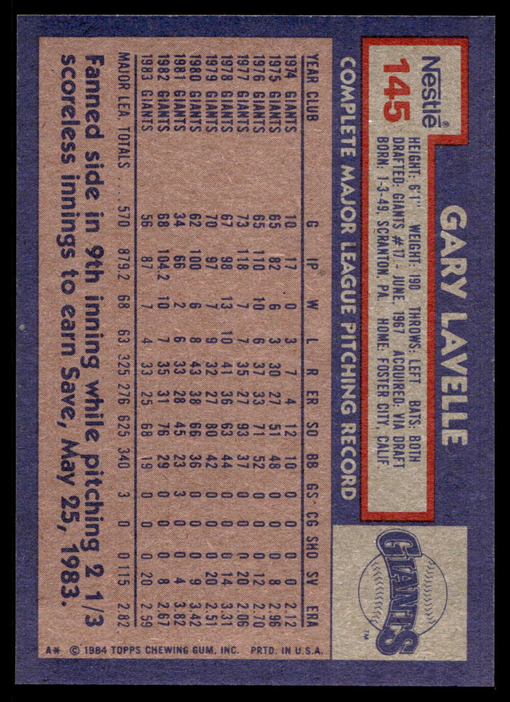 1984 Topps Nestle #145 Gary Lavelle Near Mint+ 
