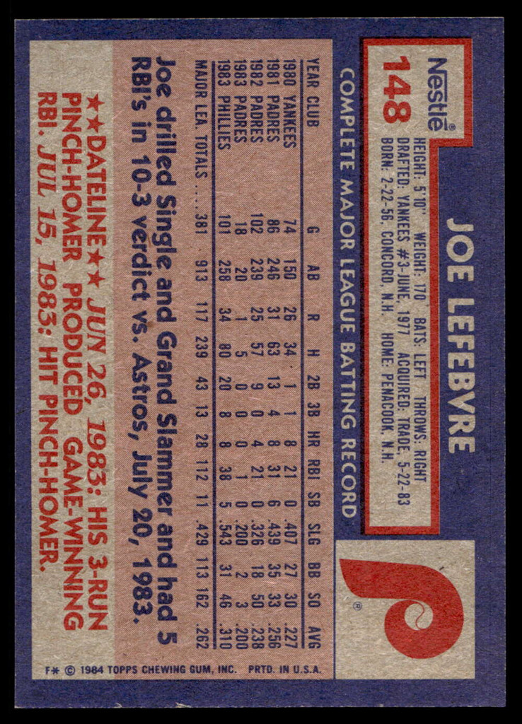 1984 Topps Nestle #148 Joe Lefebvre Near Mint+ 