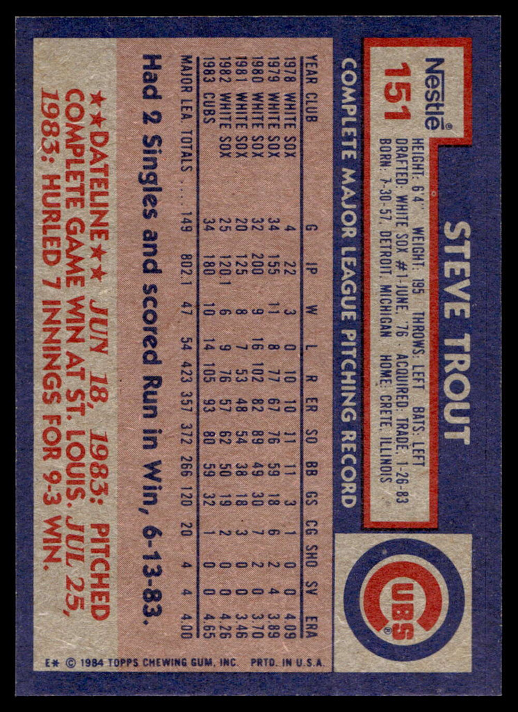 1984 Topps Nestle #151 Steve Trout Near Mint+ 