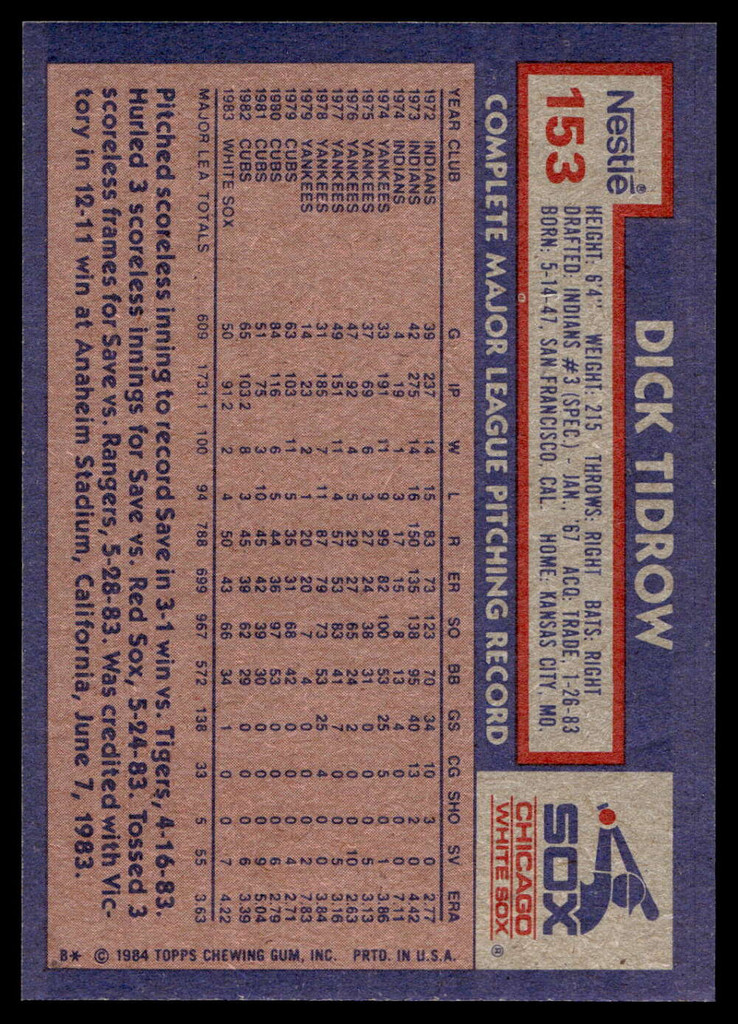 1984 Topps Nestle #153 Dick Tidrow Near Mint+ 