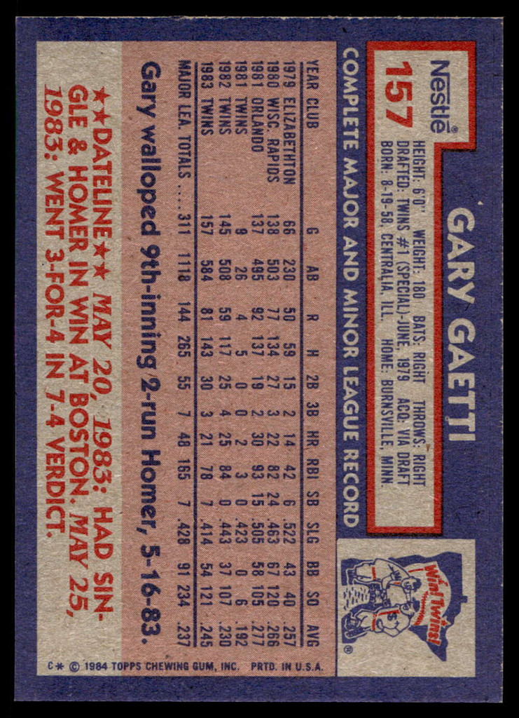 1984 Topps Nestle #157 Gary Gaetti Near Mint+ 