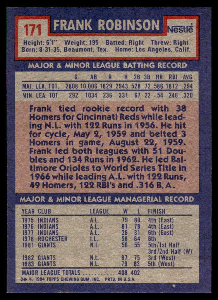 1984 Topps Nestle #171 Frank Robinson Near Mint+ 