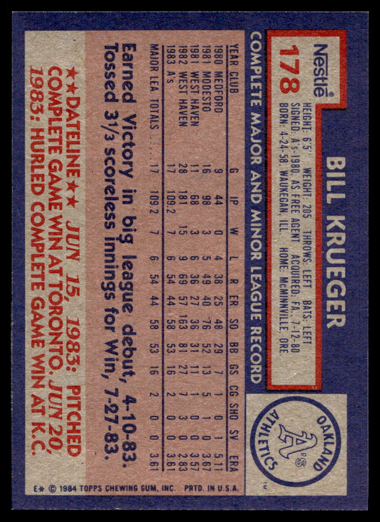 1984 Topps Nestle #178 Bill Krueger Near Mint+ RC Rookie 