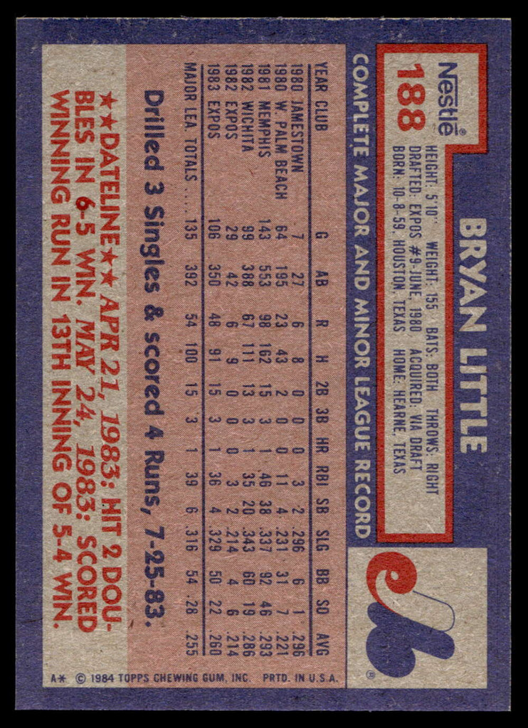 1984 Topps Nestle #188 Bryan Little Near Mint+ 