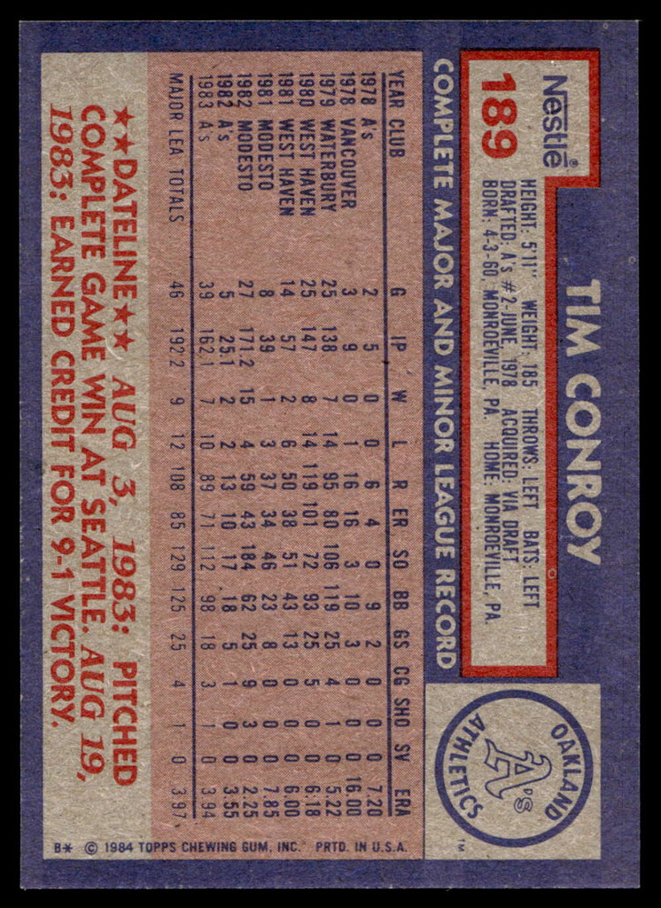 1984 Topps Nestle #189 Tim Conroy Near Mint+ 