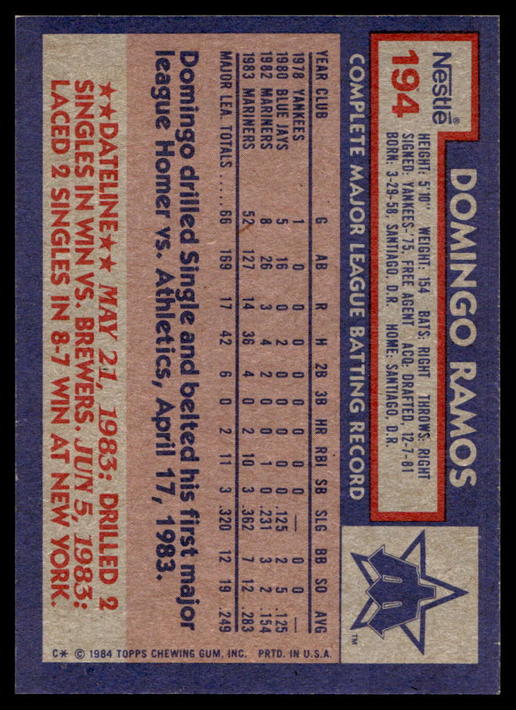 1984 Topps Nestle #194 Domingo Ramos Near Mint+ 
