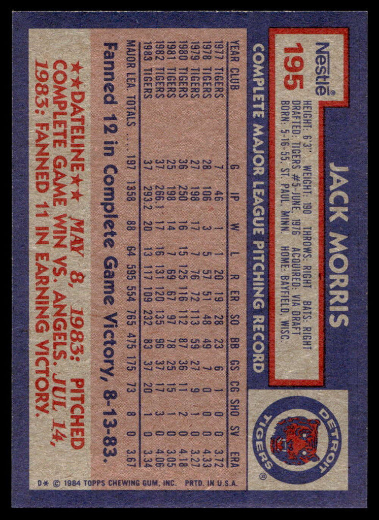 1984 Topps Nestle #195 Jack Morris Near Mint+ 