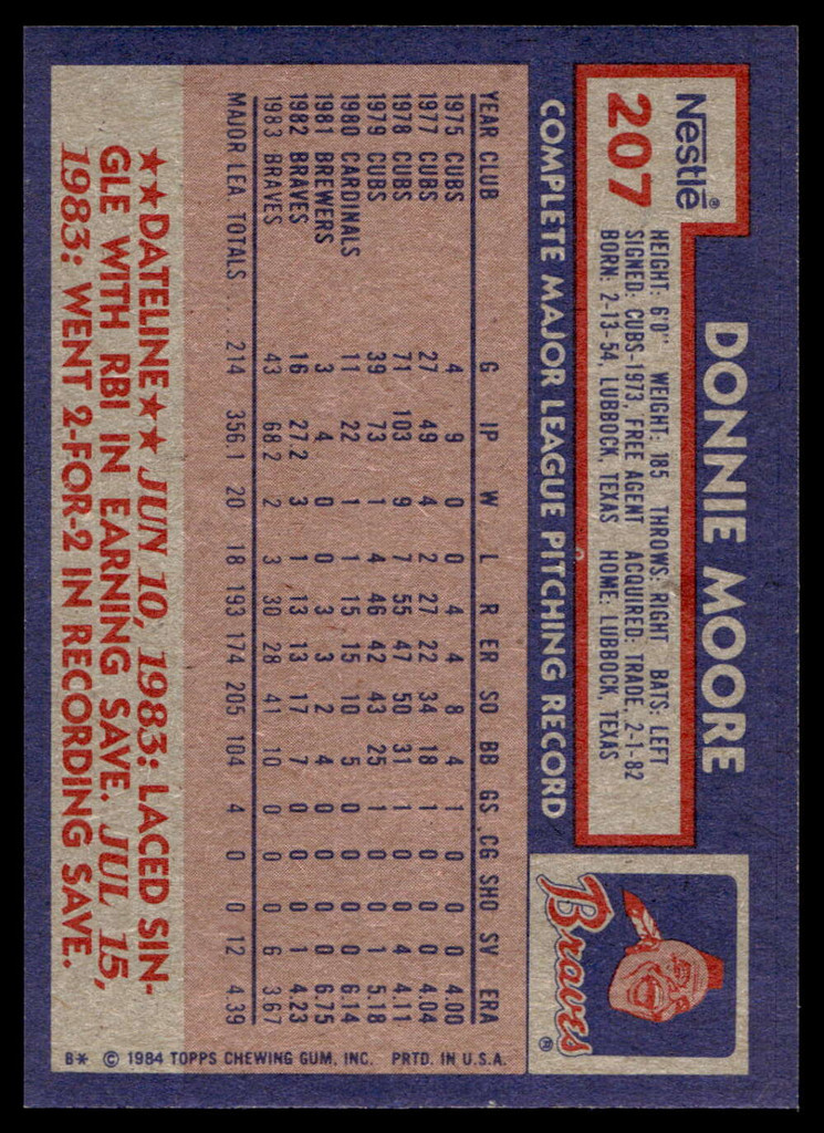 1984 Topps Nestle #207 Donnie Moore Near Mint+ 