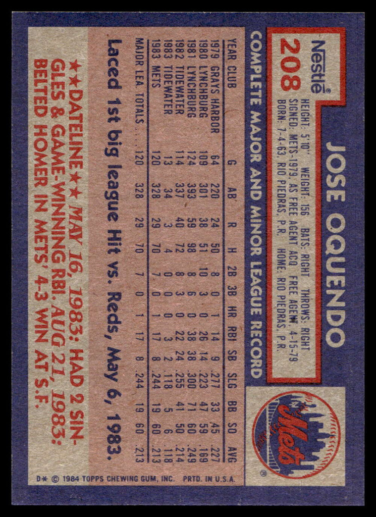 1984 Topps Nestle #208 Jose Oquendo Near Mint+ RC Rookie 