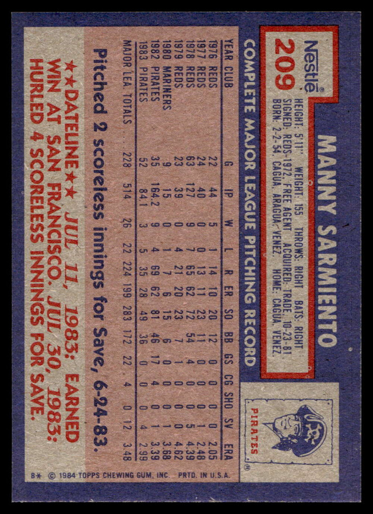 1984 Topps Nestle #209 Manny Sarmiento Near Mint+ 