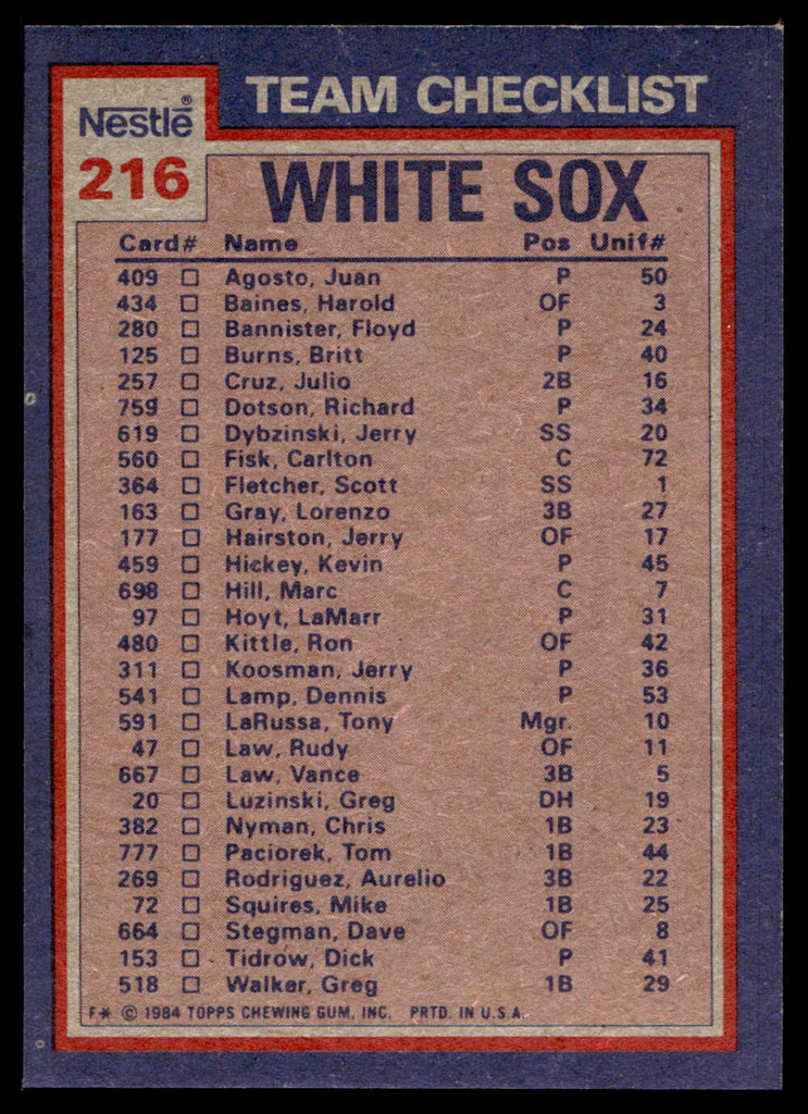 1984 Topps Nestle #216 Carlton Fisk/Richard Dotson Near Mint+ 