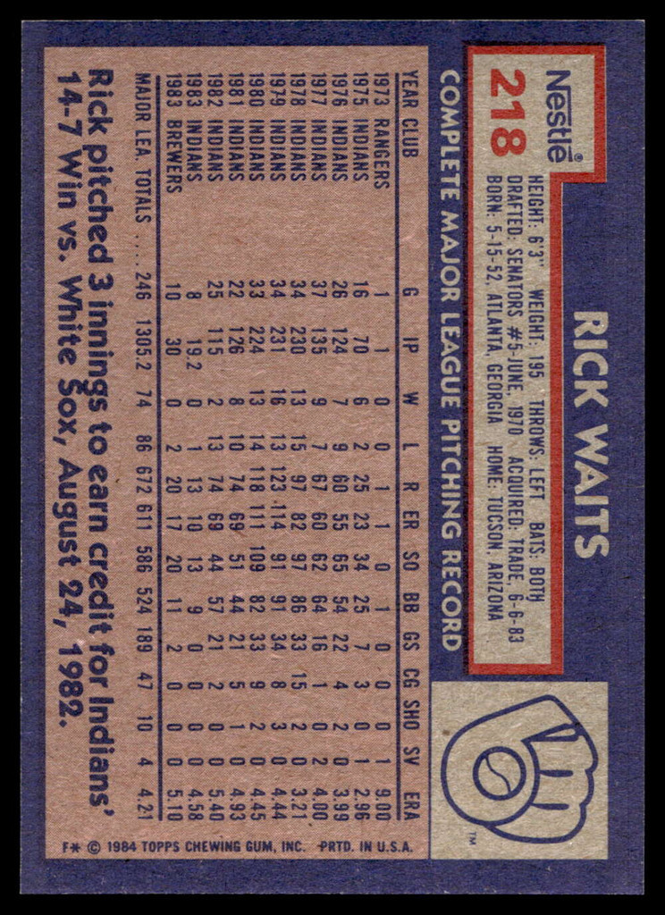 1984 Topps Nestle #218 Rick Waits Near Mint+ 
