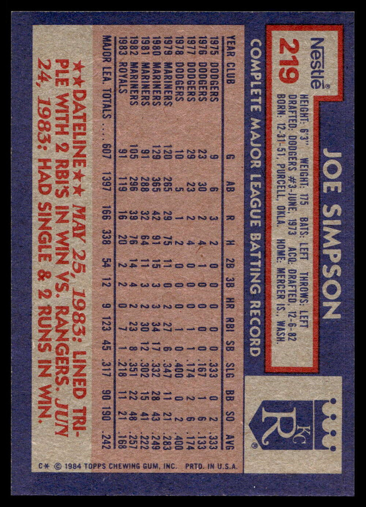 1984 Topps Nestle #219 Joe Simpson Near Mint+ 