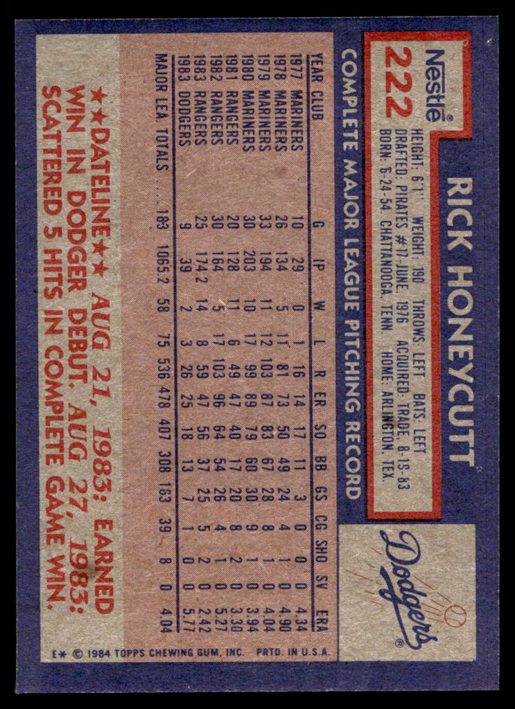 1984 Topps Nestle #222 Rick Honeycutt Near Mint+ 