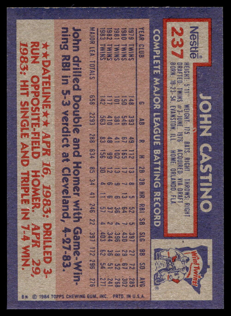 1984 Topps Nestle #237 John Castino Near Mint+ 