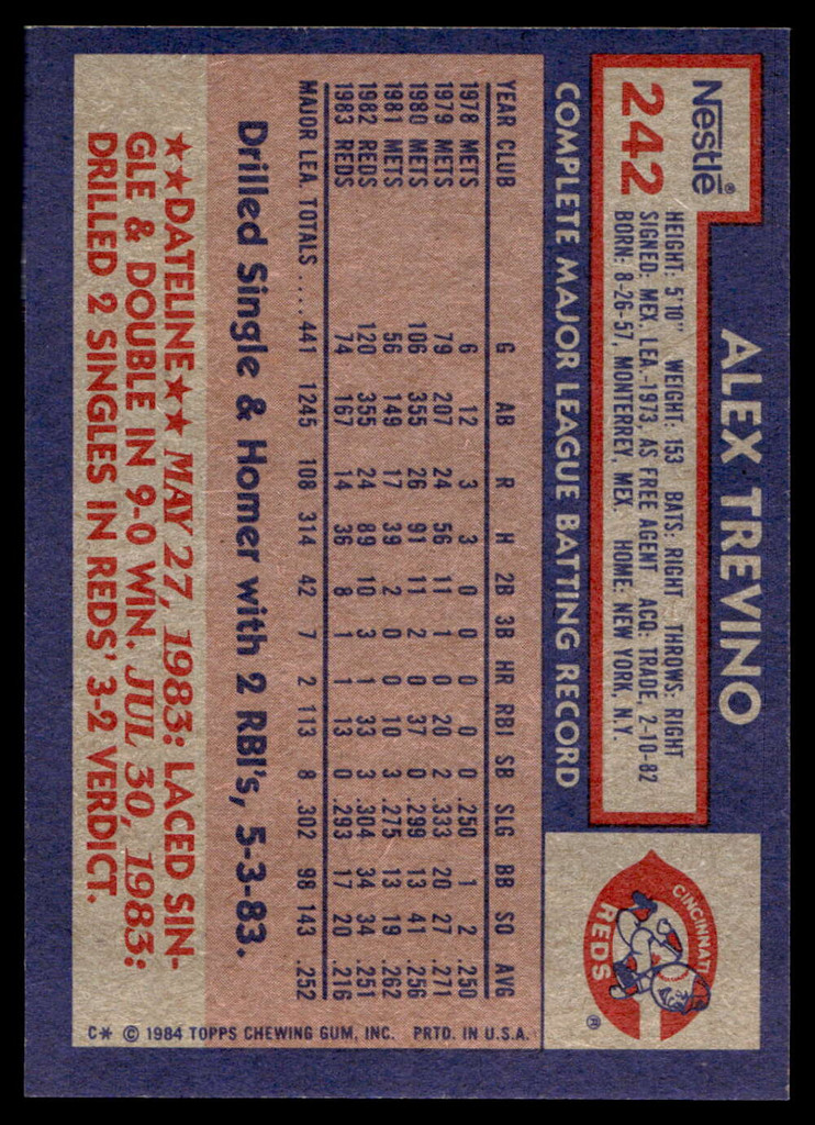1984 Topps Nestle #242 Alex Trevino Near Mint+ 