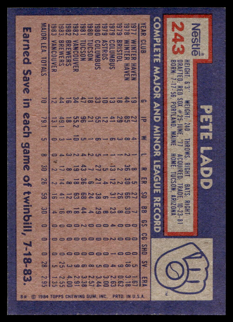 1984 Topps Nestle #243 Pete Ladd Near Mint+ 