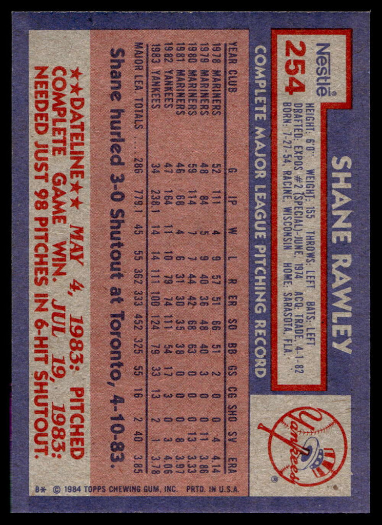 1984 Topps Nestle #254 Shane Rawley Near Mint+ 