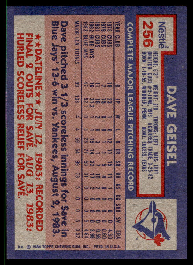 1984 Topps Nestle #256 Dave Geisel Near Mint+ 