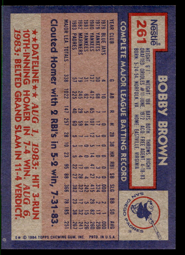 1984 Topps Nestle #261 Bobby Brown Near Mint+ 