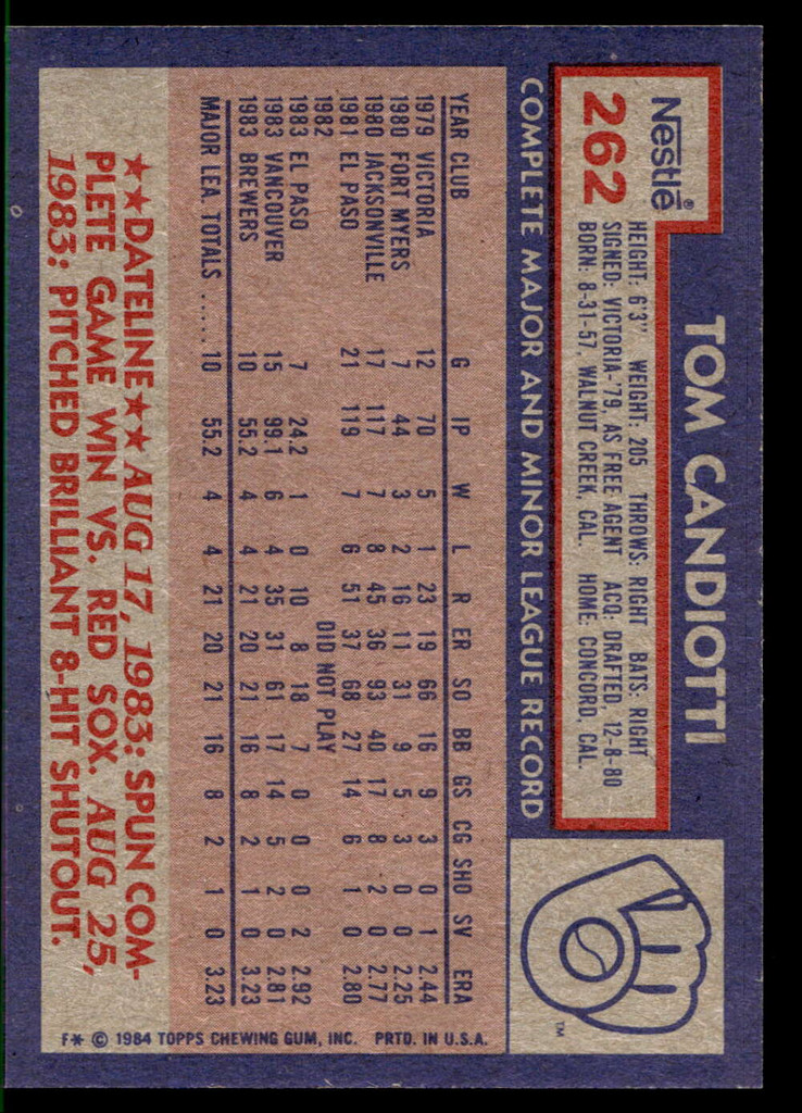 1984 Topps Nestle #262 Tom Candiotti Near Mint+ RC Rookie 