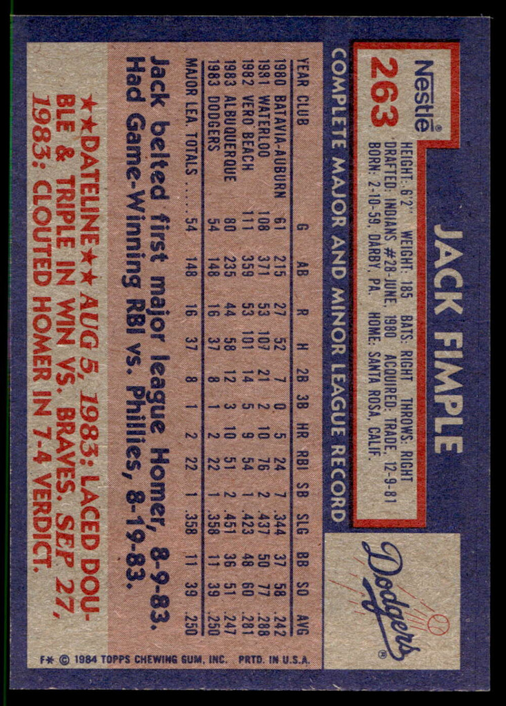 1984 Topps Nestle #263 Jack Fimple Near Mint+ 
