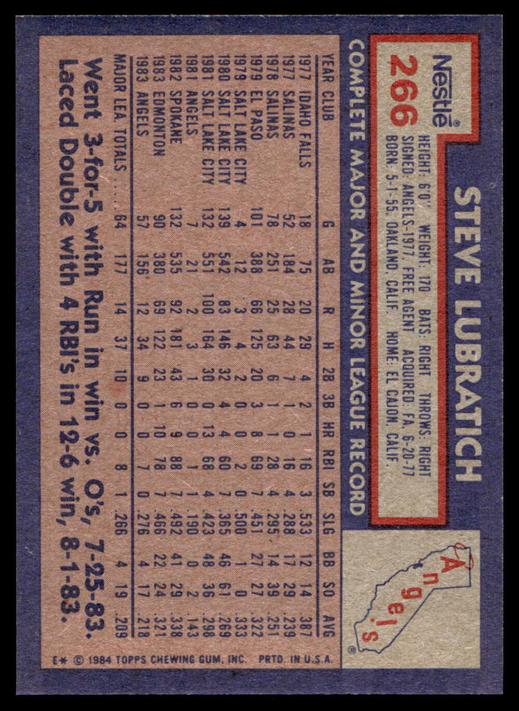 1984 Topps Nestle #266 Steve Lubratich Near Mint+ 