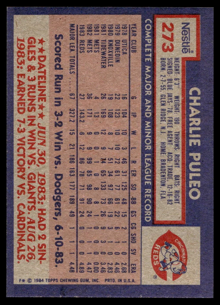 1984 Topps Nestle #273 Charlie Puleo Near Mint+ 